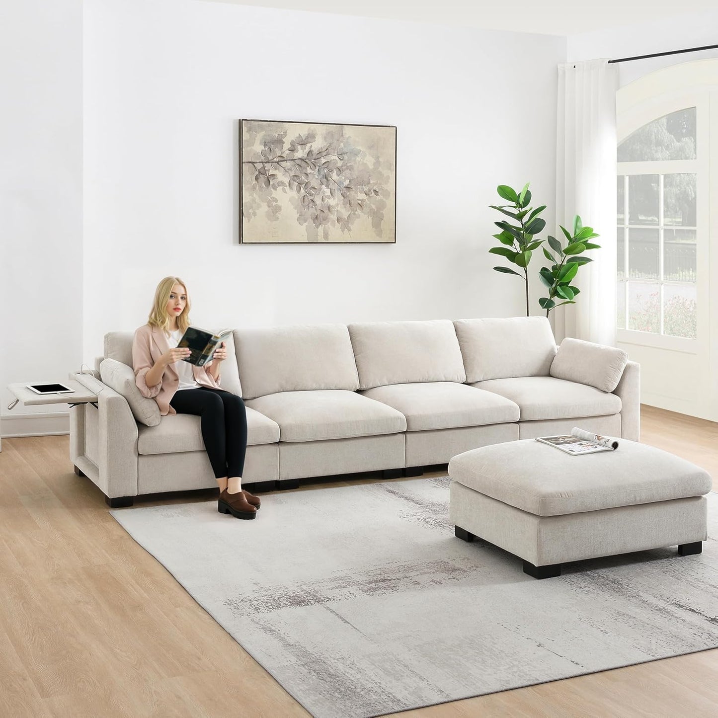 Ball & Cast Oversized Modular L Shaped Sectional Sofa W/Movable Ottoman and USB Ports,5 Seater Chenille Couch W/ 2 Armrest Pillows,Side Pocket & Folding Table,for Living Room,Apartment,Beige,130"