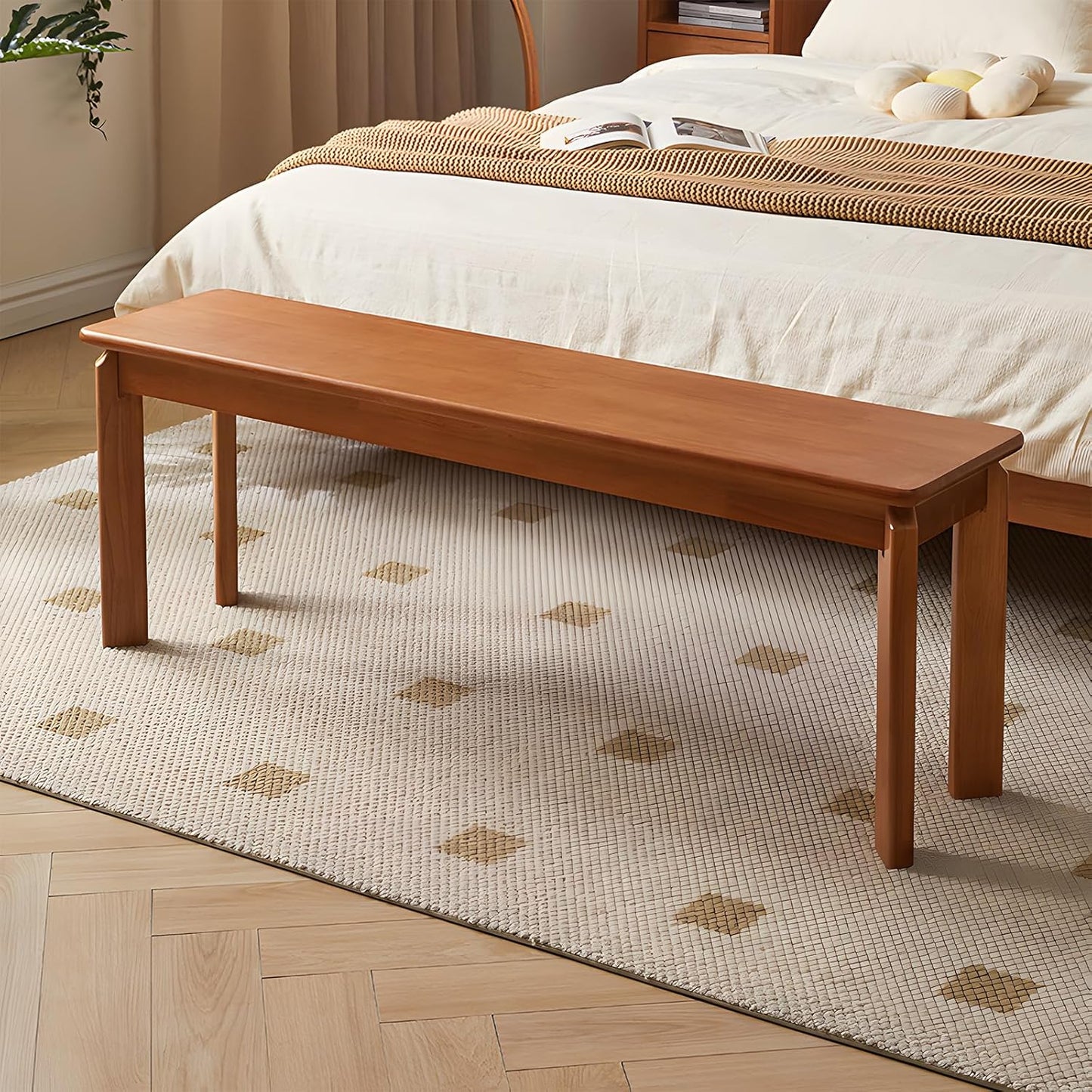 Dining Bench, Solid Wood Bench with Wide Seat, Mid Century Modern Bench, End of The Bed Bench, 47.2" L x 11" W x 16.5" H(Natural)