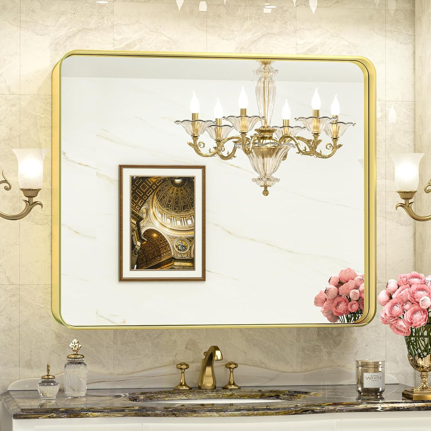 TokeShimi Gold Bathroom Mirror for Wall 42x36 Inch Rounded Corner Rectangle in Aluminum Alloy Brass Metal Frame Deep Set Design Hangs Horizontal Or Vertical Farmhouse