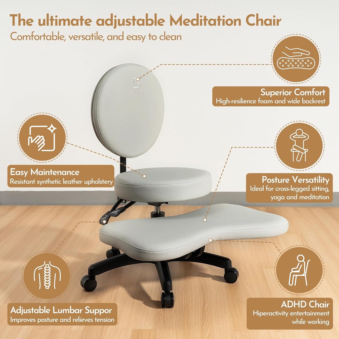 BUBHA Ergonomic Criss Cross Chair, Meditation Chair with Reclining Backrest & Adjustable Height, Cross Legged Office Chair with Wheels, Wide Kneeling Chair Leg Rest,ADHD Desk & Yoga Seat (Grey)
