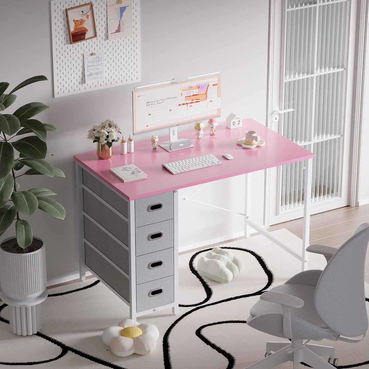 Pamray 40 Inch Computer Desk with 4 Drawers Small Office Desk for Home Bedroom Study Writing Simple Modern Computer Table Pink