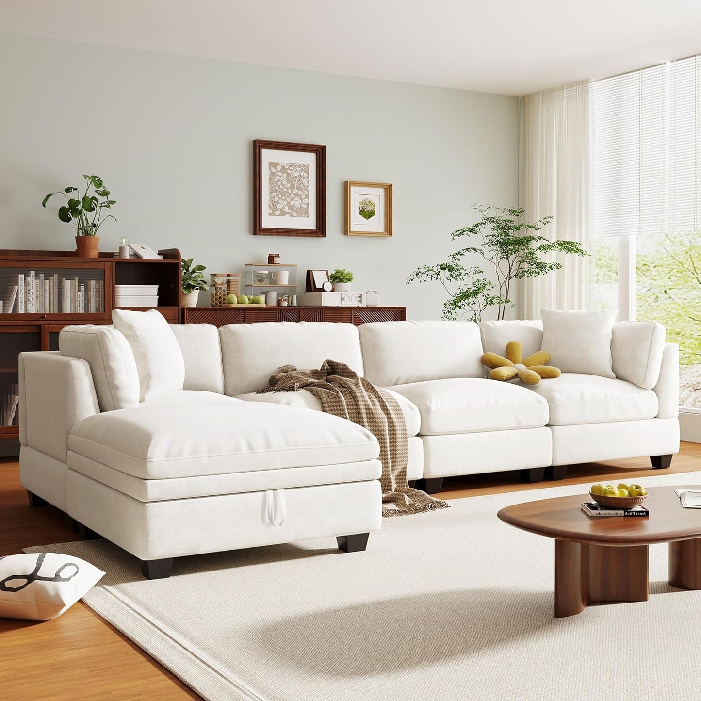 Merax Modern Upholstered Modular Sectional Sofa with Removable Storage Ottoman and Hidden Cup Holders, Free Combination Indoor Furniture Sets for Apartments, Studio, Office, 5 Seat-L Shape, Beige