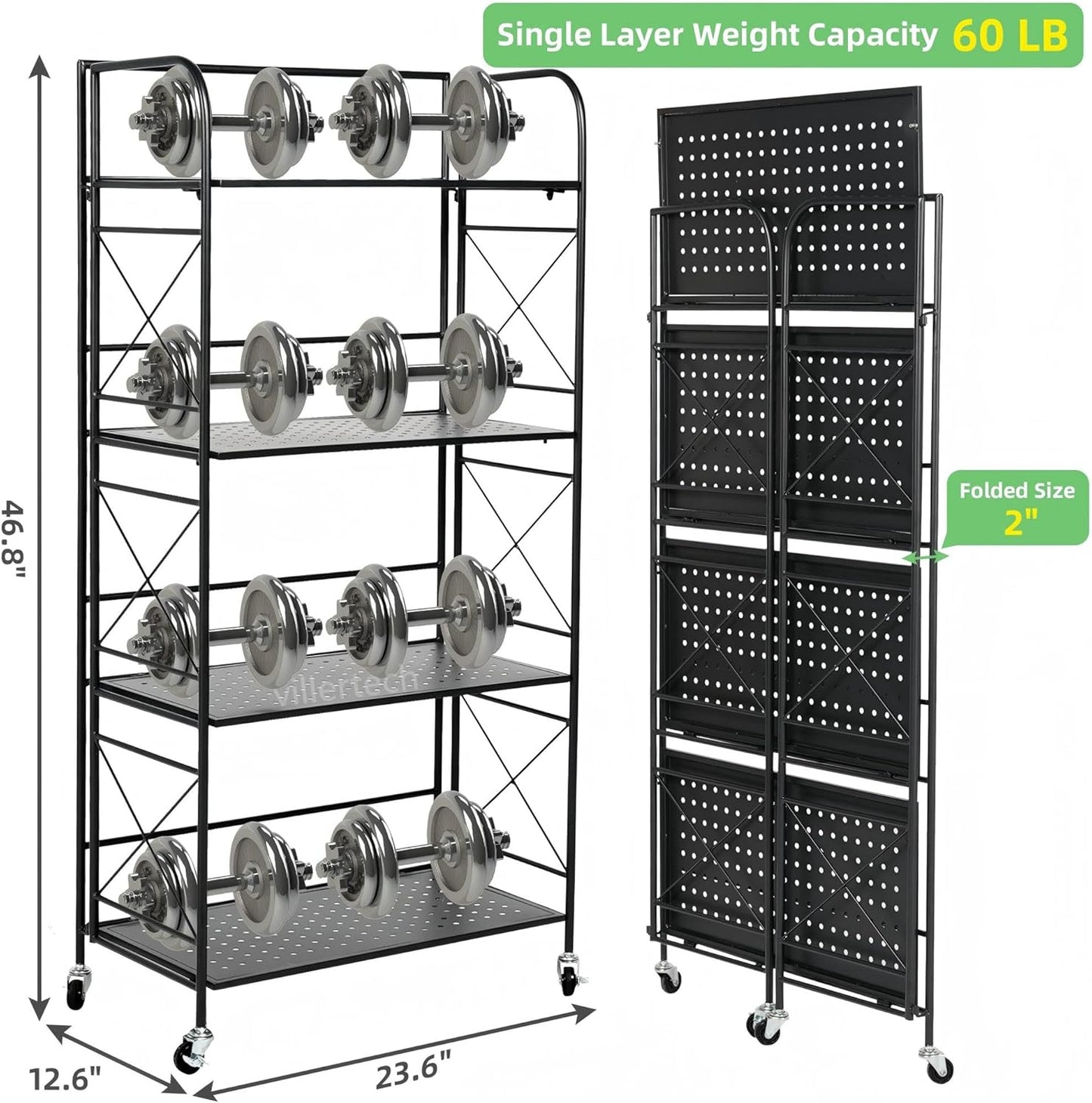 Foldable 4-Tier Metal Shelf with Wheels - Folding Bookshelf Unit for Living Room, Kitchen, Study 12.6" D x 23.6" W x 46.8" H, Matte Black