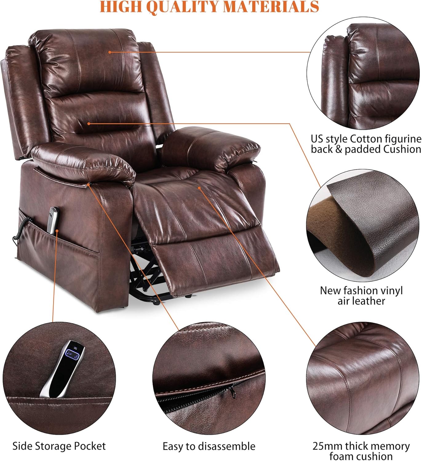 S*MAX Lift Chairs Recliners for Elderly Power Recliner Chairs Full Air Leather Electric Recliner Chairs Side Pockets USB Charge Port and Remote Control Power Lift Recliners Brown