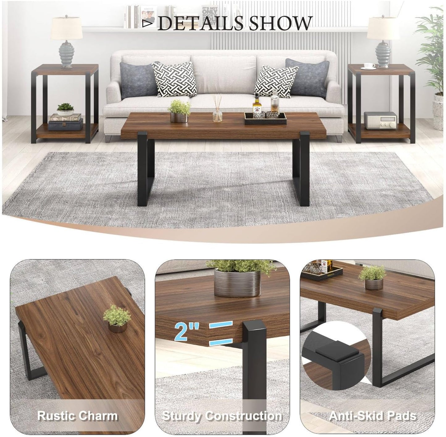 FOLUBAN Modern Coffee Table, Rustic Wood and Metal Center Table, Industrial Rectangle Cocktail Tea Table for Living Room, Walnut, 47 Inch