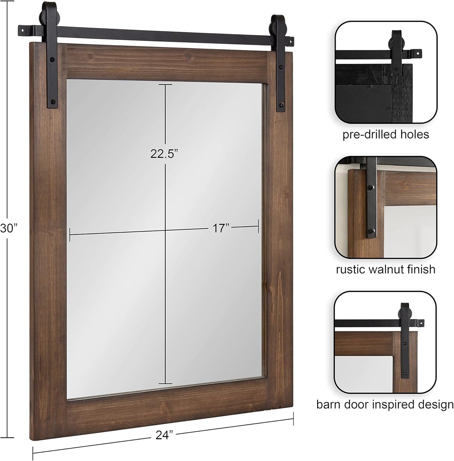 Kate and Laurel Cates Refined Decorative Framed Wall Mirror; 24 x 30; Walnut Brown; Farmhouse Barn Door-Inspired Wall Decor with Substantial Frame and Modern Charm