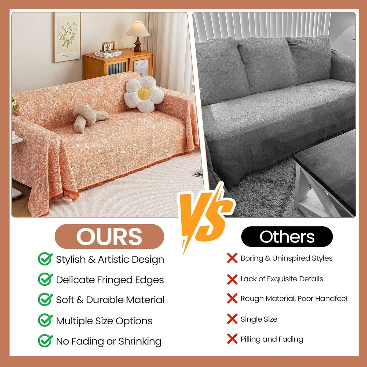 STACYPIK Boho Sofa Cover for Pets, Orange Geometric Couch Cover for 3 Cushion Sofa, Washable Dogs Protector for Living Room, Anti-Slip Sectional Covers for Loveseat with Tassel Throw Blanket-71X134IN