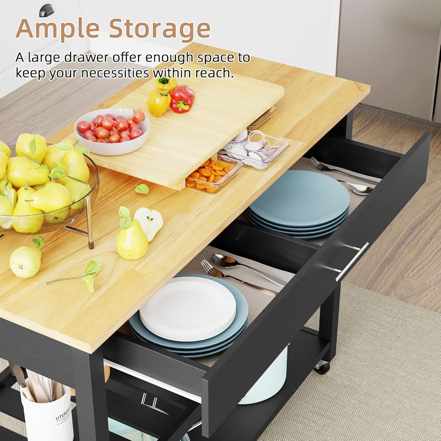 Shintenchi Kitchen Island Cart with Storage,Rolling Kitchen Island Side Table on Wheels with Large Worktop,Storage Cabinet,Towel Rack,Drawers and Open Shelves for Kitchen,Dinning Room,Black