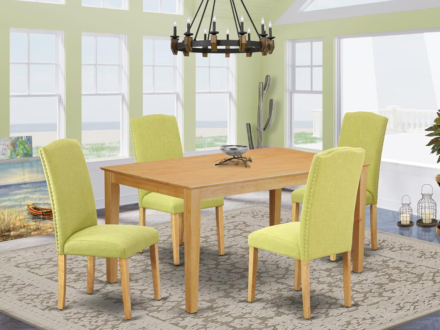 East West Furniture CAEN5-OAK-07 5 Piece Modern Dining Table Set Includes a Rectangle Wooden Table and 4 Limelight Linen Fabric Upholstered Parson Chairs, 36x60 Inch, Oak