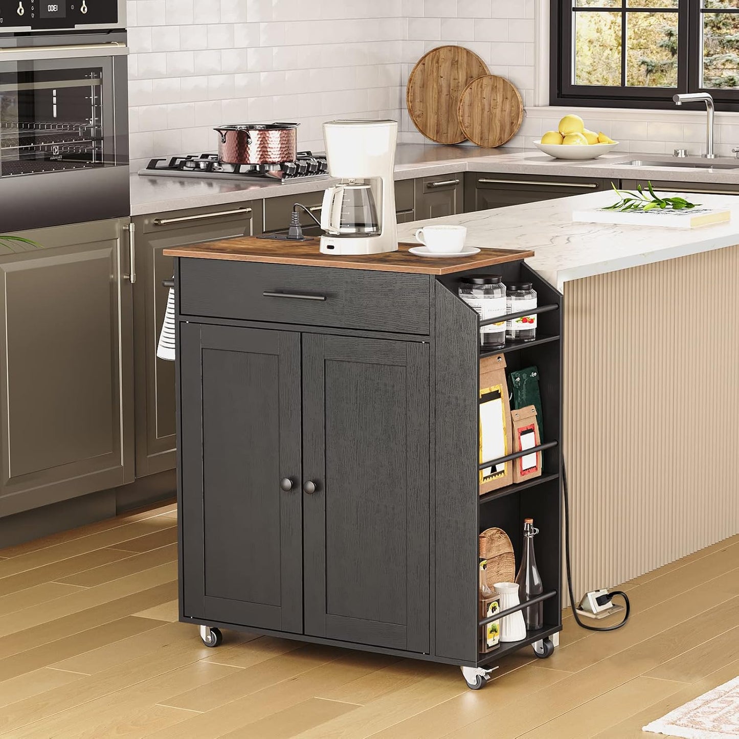 HOOBRO Kitchen Island with Power Outlet, Storage Island with Spice Rack and Drawer, Rolling Kitchen Cart on Wheels, for Home, Dining Room, Rustic Brown and Black