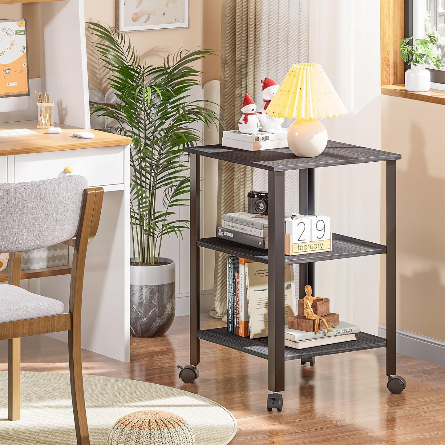 Side Table, End Table with Wheels, Printer Stand with 3-Tier Storage, Bedside Table, Bedroom, Office, Kitchen, Metal Frame, Easy Assembly -Grey