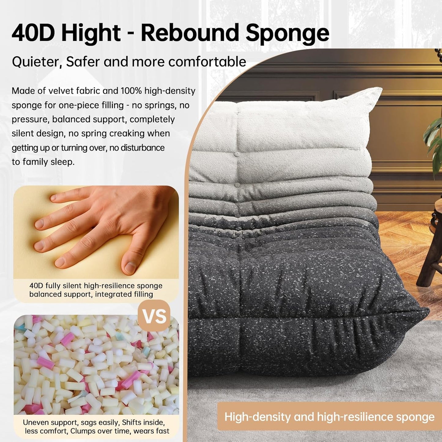 Bean Bag Chairs for Adults, BeanBag Reading Chair Memory Foam Couch, Floor Chair Soft Teddy Material, Comfy Reading Nook Chairs for Bedroom Living Room Office (Black White)