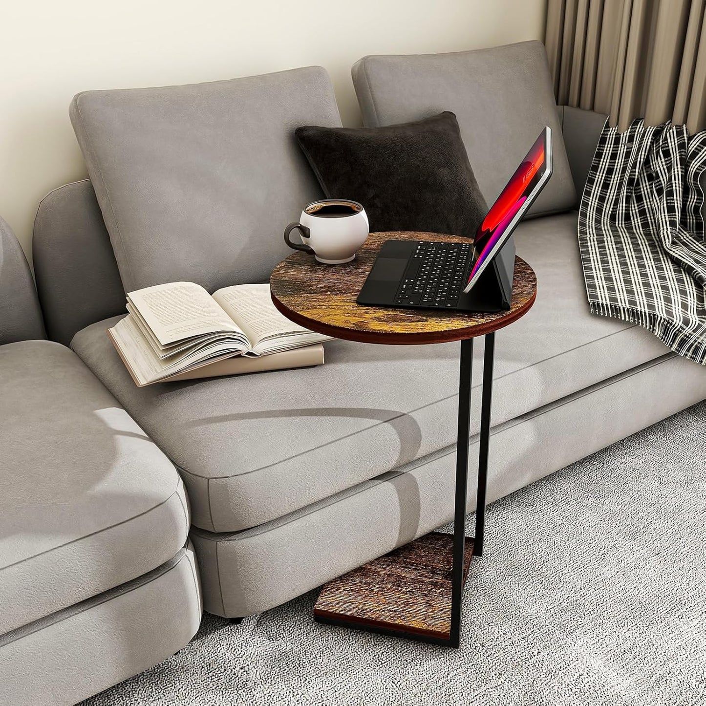 HDANI C Table End Table Set of 2,Round Side Table That Slide Under,C Shaped End Table for Couch,Small Table for Living Room,Bedroom,Rustic Brown