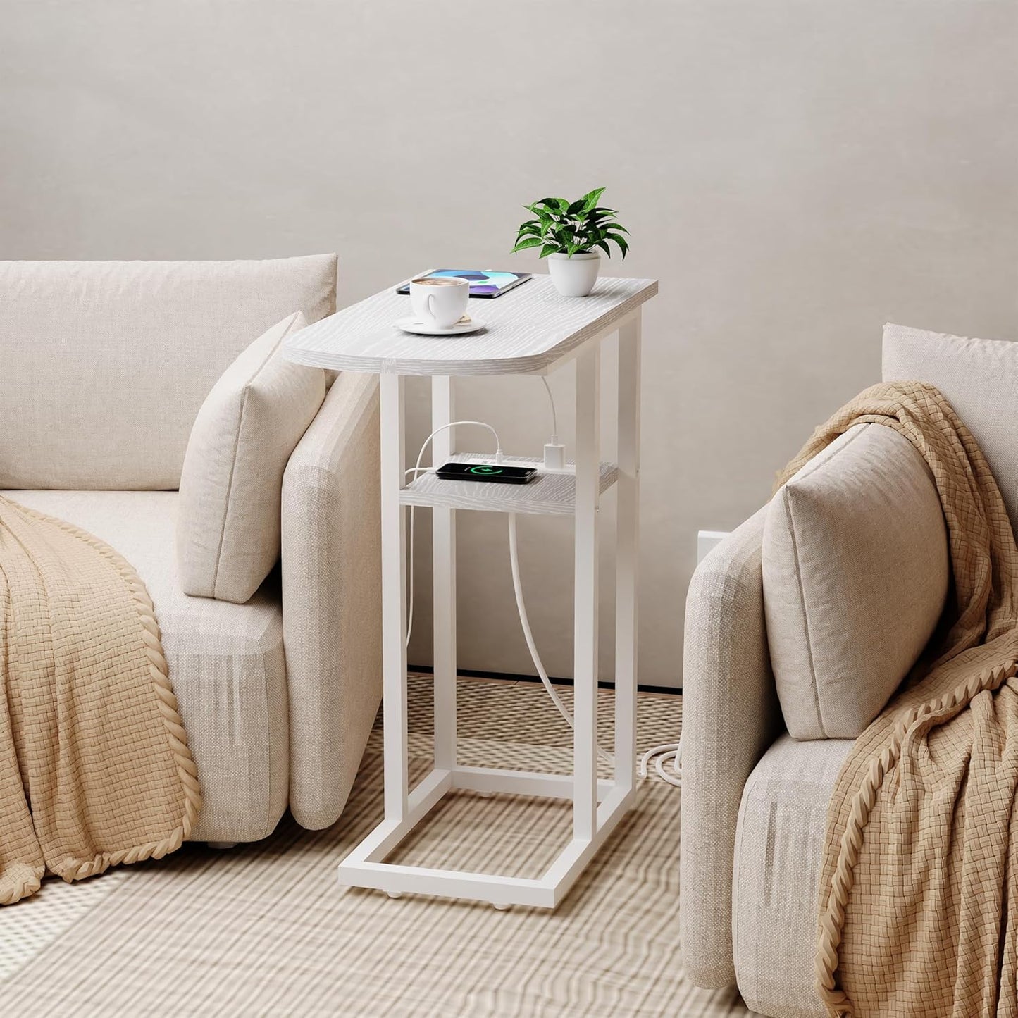 C Table End Table with Charging Station, Couch C Shaped Side Table for Living Room, Bedroom, Laptop Table with USB Ports and Type-C Port, Snack Tray Table for Couch