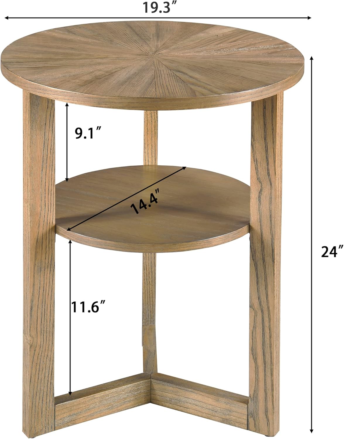 MODERION Round End Table, Farmhouse Side Table with Storage Shelf, Classic Circular Solid Wood Beside Table, 2-Tier Telephone Table, Nightstand, 24”H x 19.3”D for Living Room Rustic Natural BZ3338