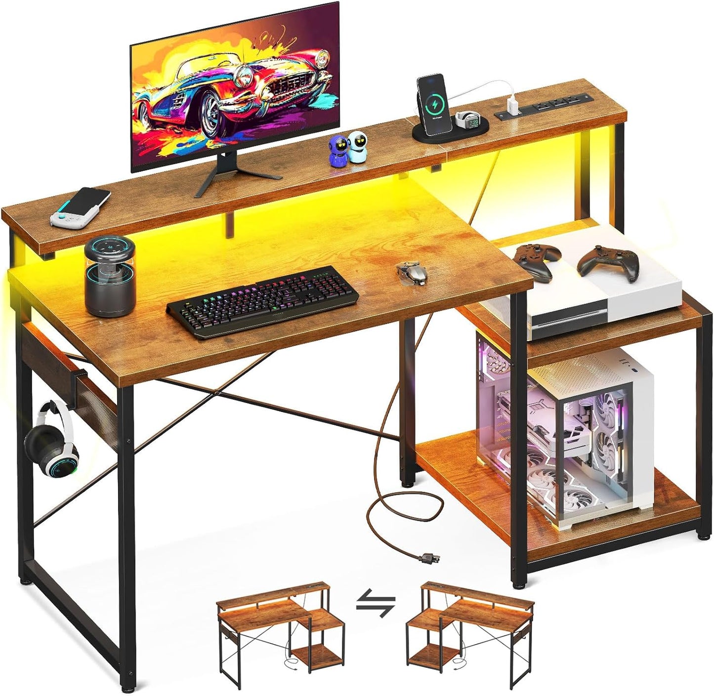 AODK Computer Desk, 48 Inch Gaming Desk with Led Lights & Power Outlet, Office Desk with Storage Shelves, Reversible Desk with Monitor Shelf & Headphone Hook, Rustic Brown