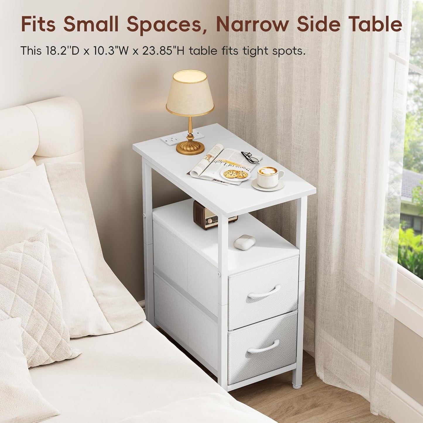 Vagusicc Set of 2 White Nightstand with Charging Station and LED Lights, Narrow Side Table, LED Night Stand with 2 Fabric Drawers, Bedside Table Small End Table, Tall Nightstand for Bedroom, White