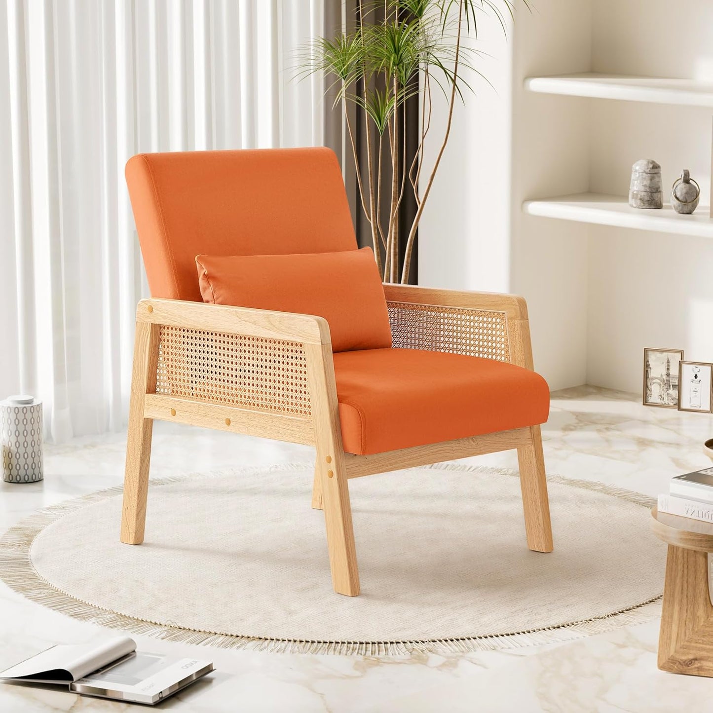 YESHOMY Mid-Century Accent Chair with Pillow Upholstered with Solid Frame & Breathable Armrest for Living Room, Light Orange