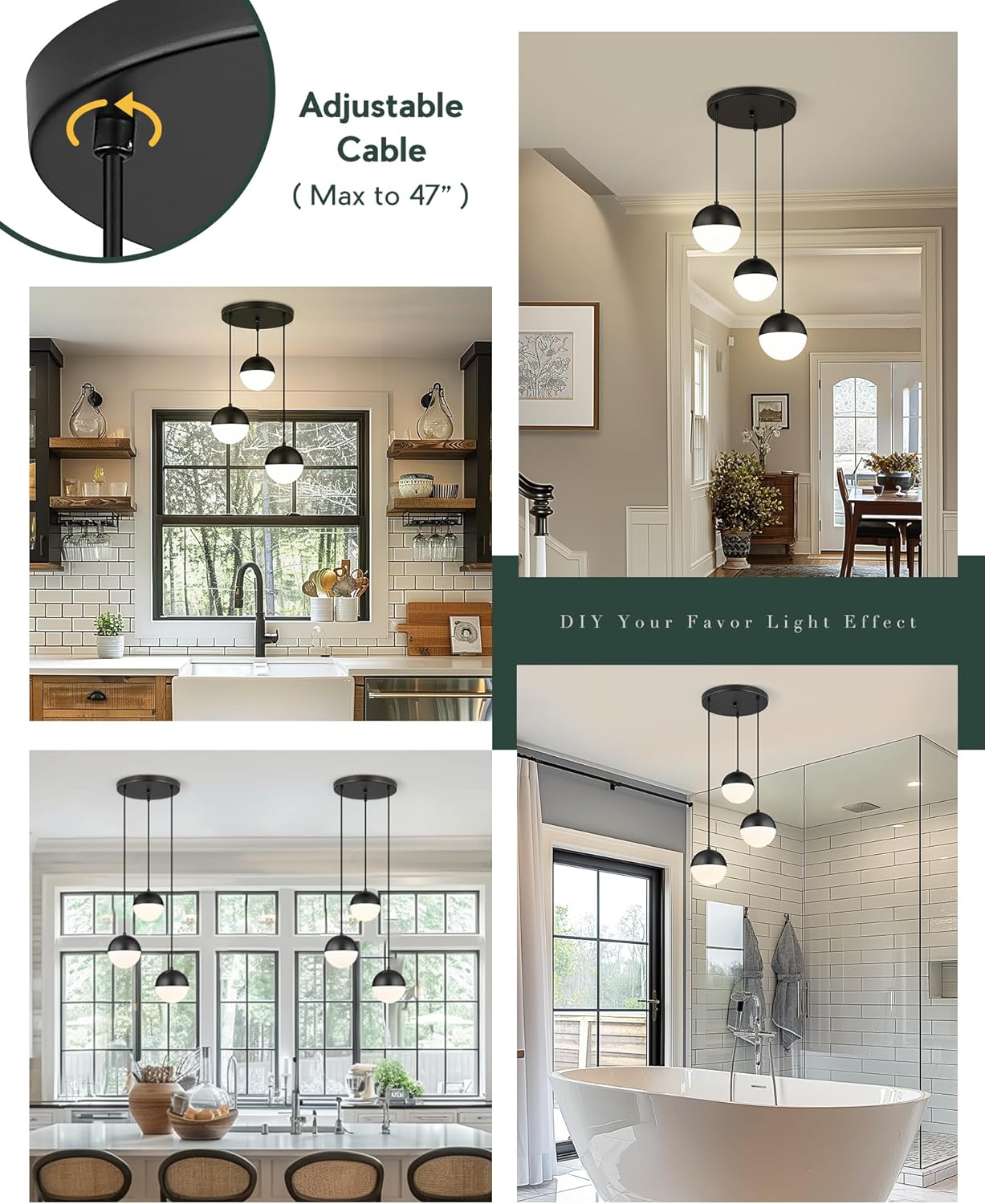 LMS Mid Century 3-Light Cluster Pendant Lights, Matte Black Kitchen Island Light Fixtures with White Globe Glass Shade, Adjustable Hanging Light for Home Office Bathroom Dining Room, LMS-186BK3