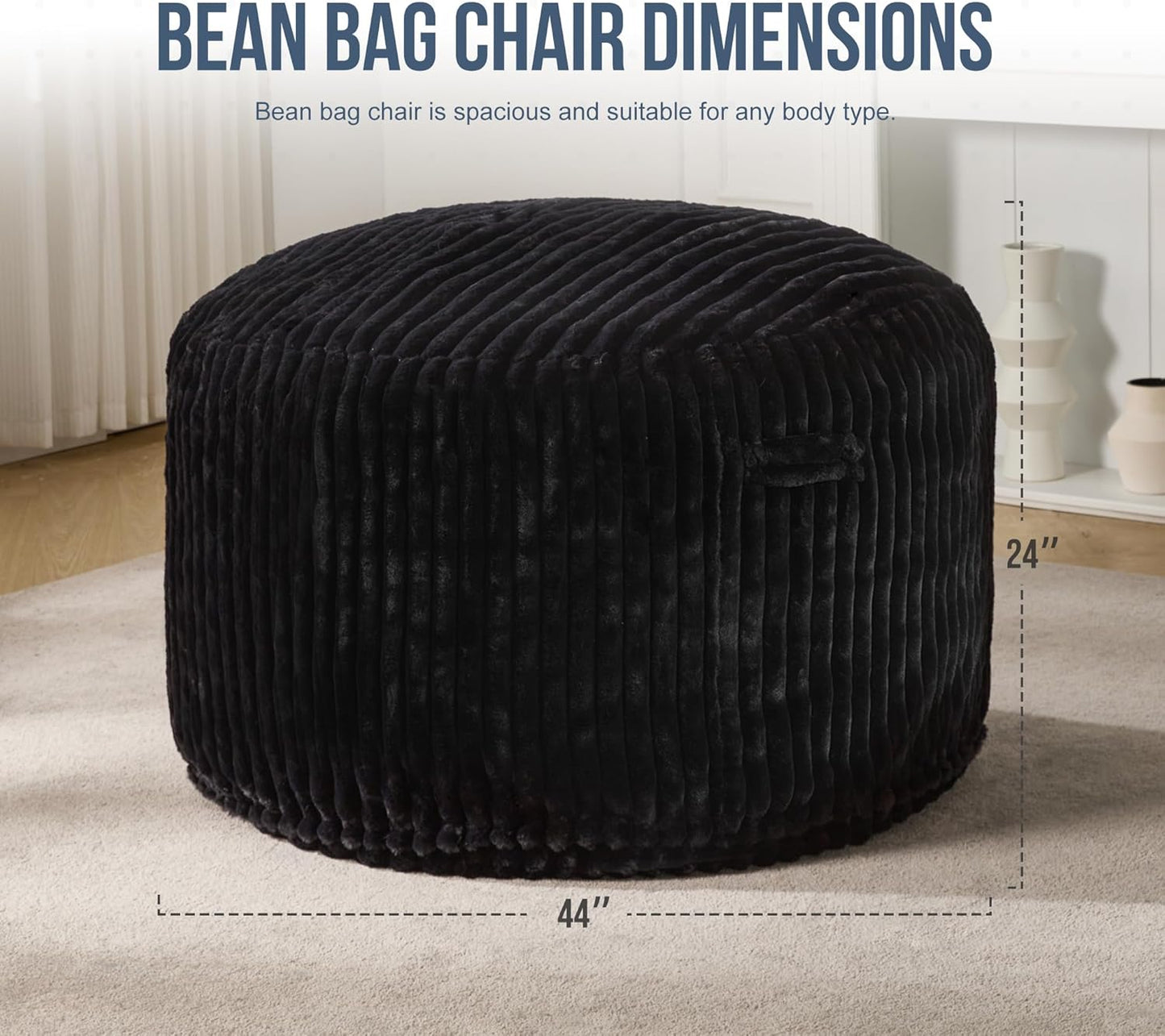 Hobestluk 4ft Bean Bag Chairs for Adults Large Beanbag Chair with Dutch Corded Plush Cover Big Bean Bag Chair for Living Room Bedroom Dorm Office - Black (44" x 44" x 24")