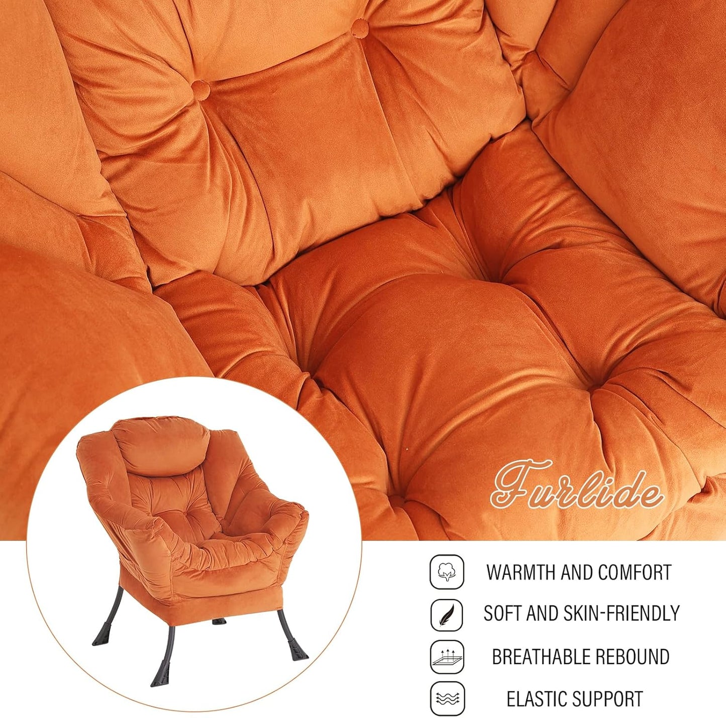 Lazy Chair with Ottoman, Modern Chair with Folding Footrest, Lounge Accent Chair, Comfortable Reading Chair, Oversized Armchairs for Bedroom, Study, Living Room, Courtyard (Velvet Orange)