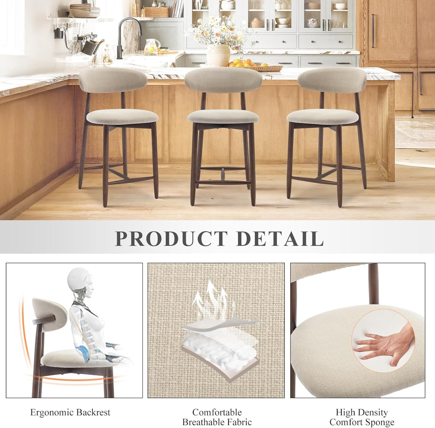 COLAMY Counter Height Bar Stools Set of 4, Kitchen Bar Stools with Back, Mid Century Modern Upholstered, with Wood Legs for Kitchen Island Dining Room, Beige