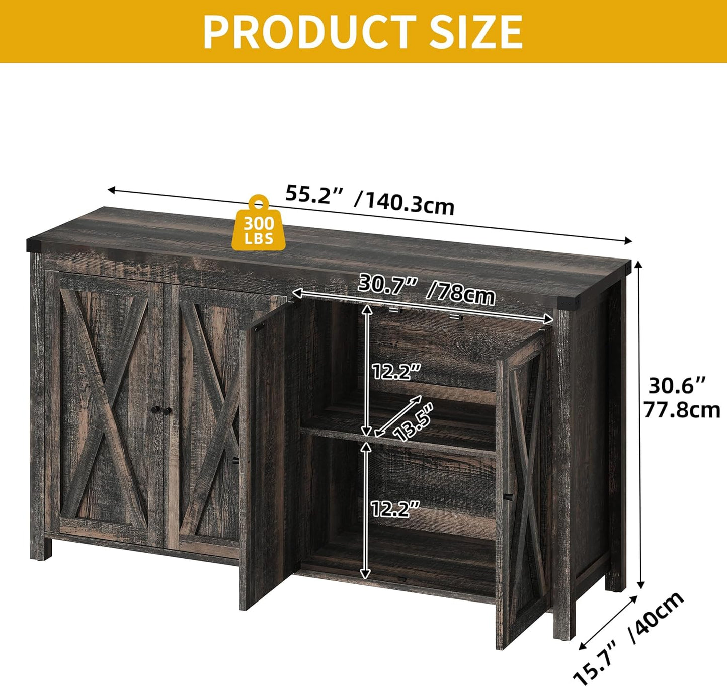 DWVO Buffet Cabinet with Storage, 55" Sideboard Buffet Storage Cabinet with Shelves and Doors, Farmhouse Coffee Bar Cabinets Kitchen Table for Kitchen, Dining Room, Dark Oak