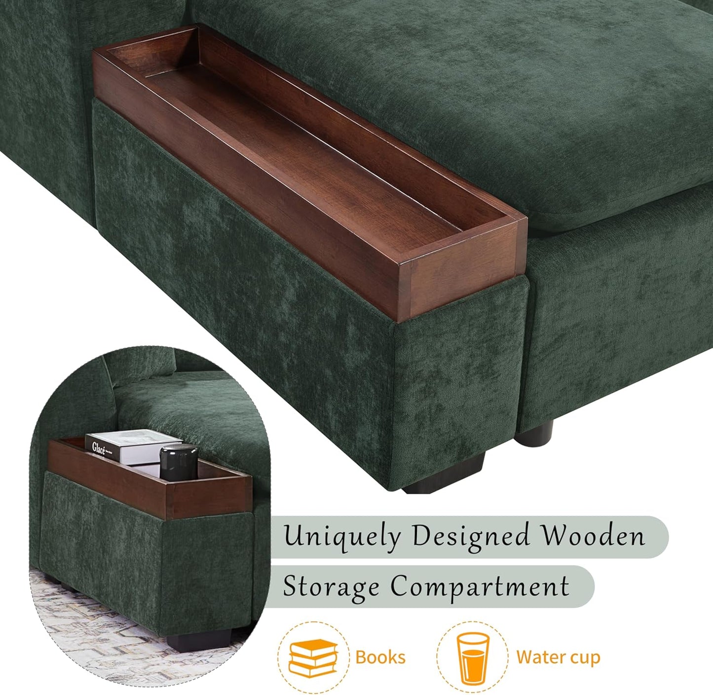 Merax 93.7" L-Shaped Sectional Sofa with Wooden Storage Compartment, Chenille Upholstered Deep Seating Sleeper Couch & Chaise Lounge and Throw Pillows for Living Room, Green