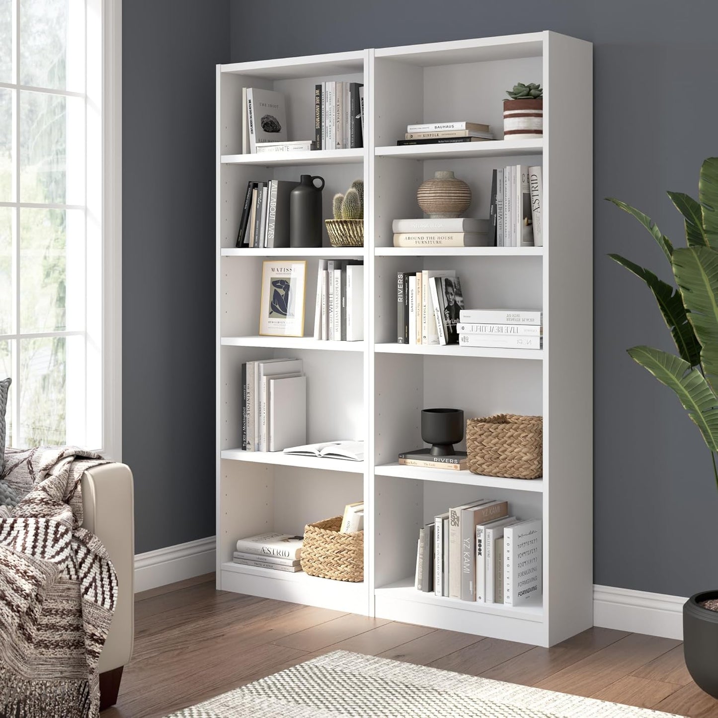 Bush Furniture Universal 25W Tall 5 Shelf Bookcase in White - Set of 2, Matching Storage and Display Bookshelves for Home Office or Living Room Organization