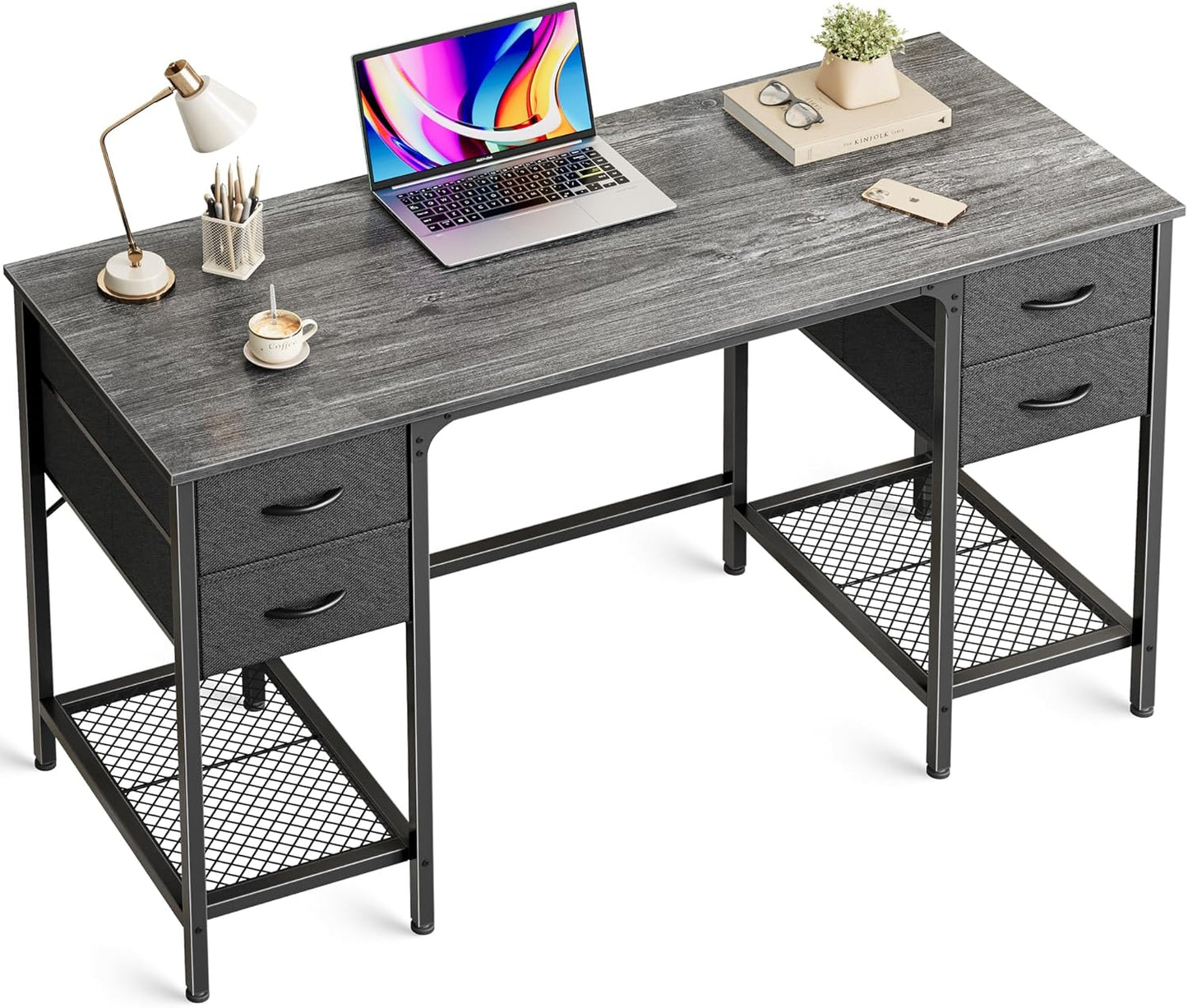 Huuger 47 Inch Computer Desk with 4 Drawers, Office Desk with Mesh Shelf, Gaming Desk, Large Storage, Writing Work Desk for Home Office, Study, Bedroom, Work from Home, Grey