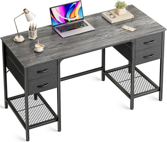 Huuger 47 Inch Computer Desk with 4 Drawers, Office Desk with Mesh Shelf, Gaming Desk, Large Storage, Writing Work Desk for Home Office, Study, Bedroom, Work from Home, Grey