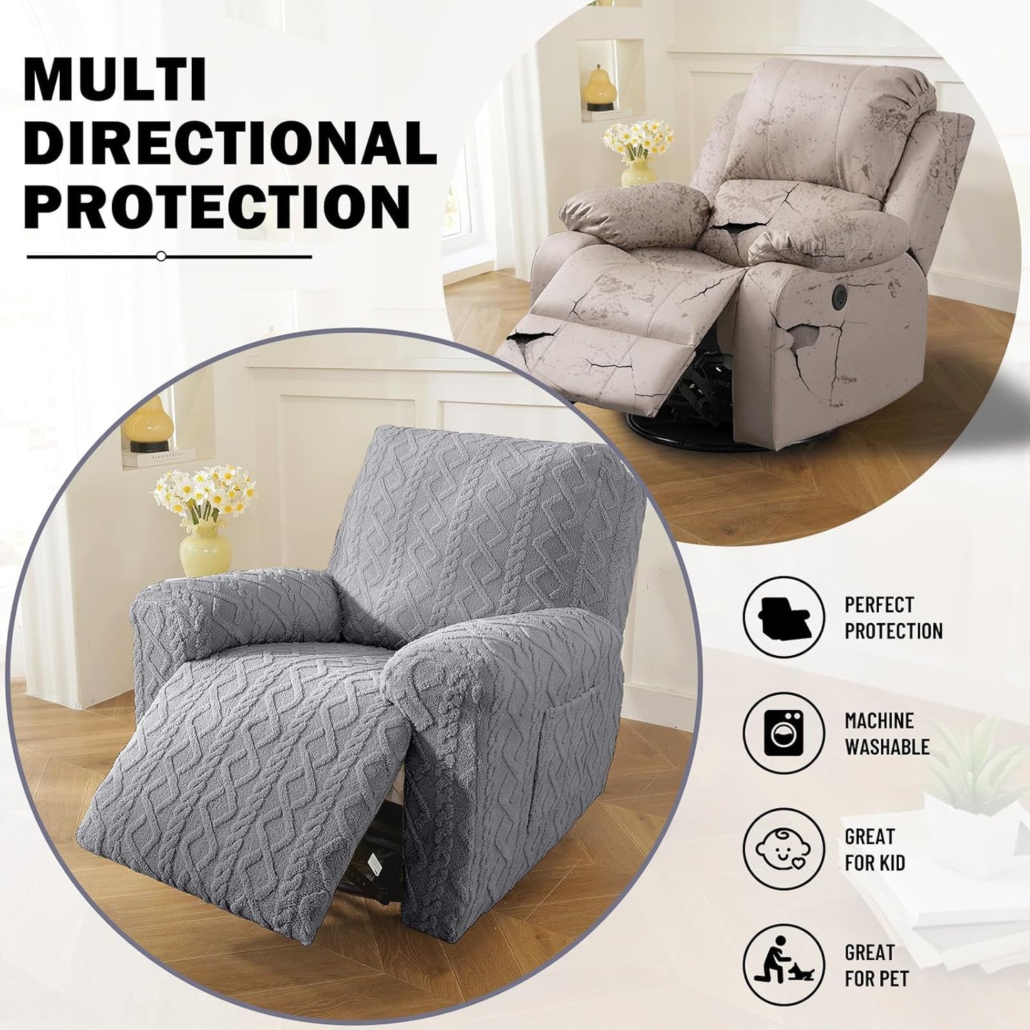 vctops 4 Pieces Geometric Jacquard Plush Recliner Slipcovers Soft Fuzzy Fluffy Sofa Couch Cover Anti-Slip Furniture Protector with Elastic Bottom for Kids Cats Dogs(Grey,1 Seat)