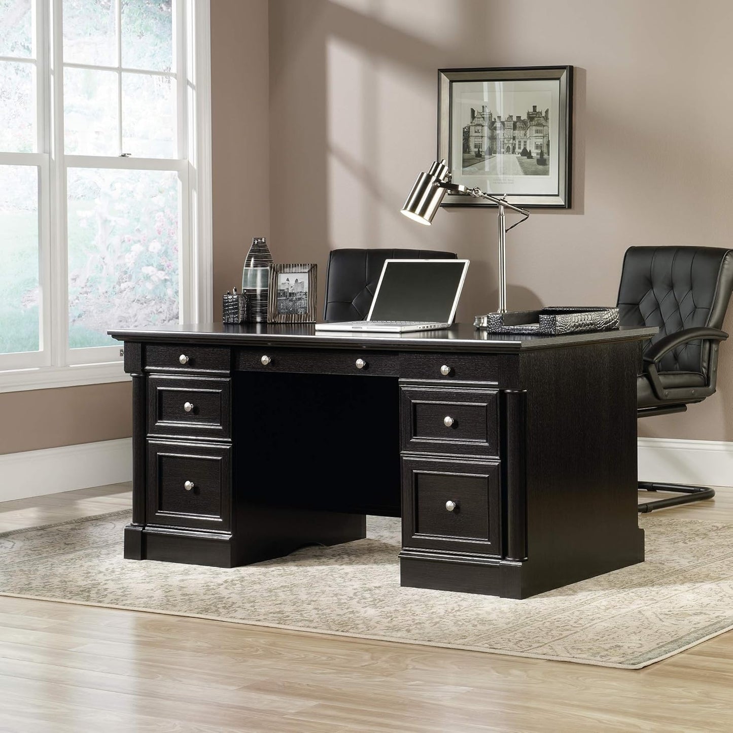 Sauder Palladia Office Desk with Drawers, Executive Desk with File Cabinet Storage, Cable Management, Keyboard Tray, in Wind Oak Finish