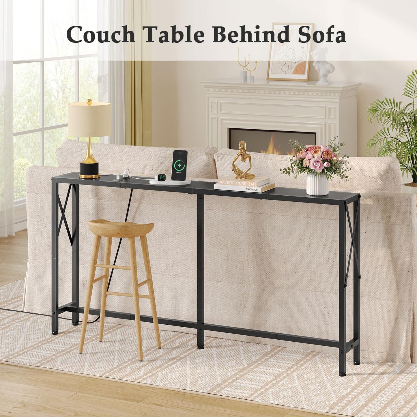 55.1" Narrow Sofa Table, Console Table with Oulets & USB Ports, Entryway Table, Industrial Couch Table for Hallway, Living Room, Bedroom, 6.5 Feet Power Cord,Black