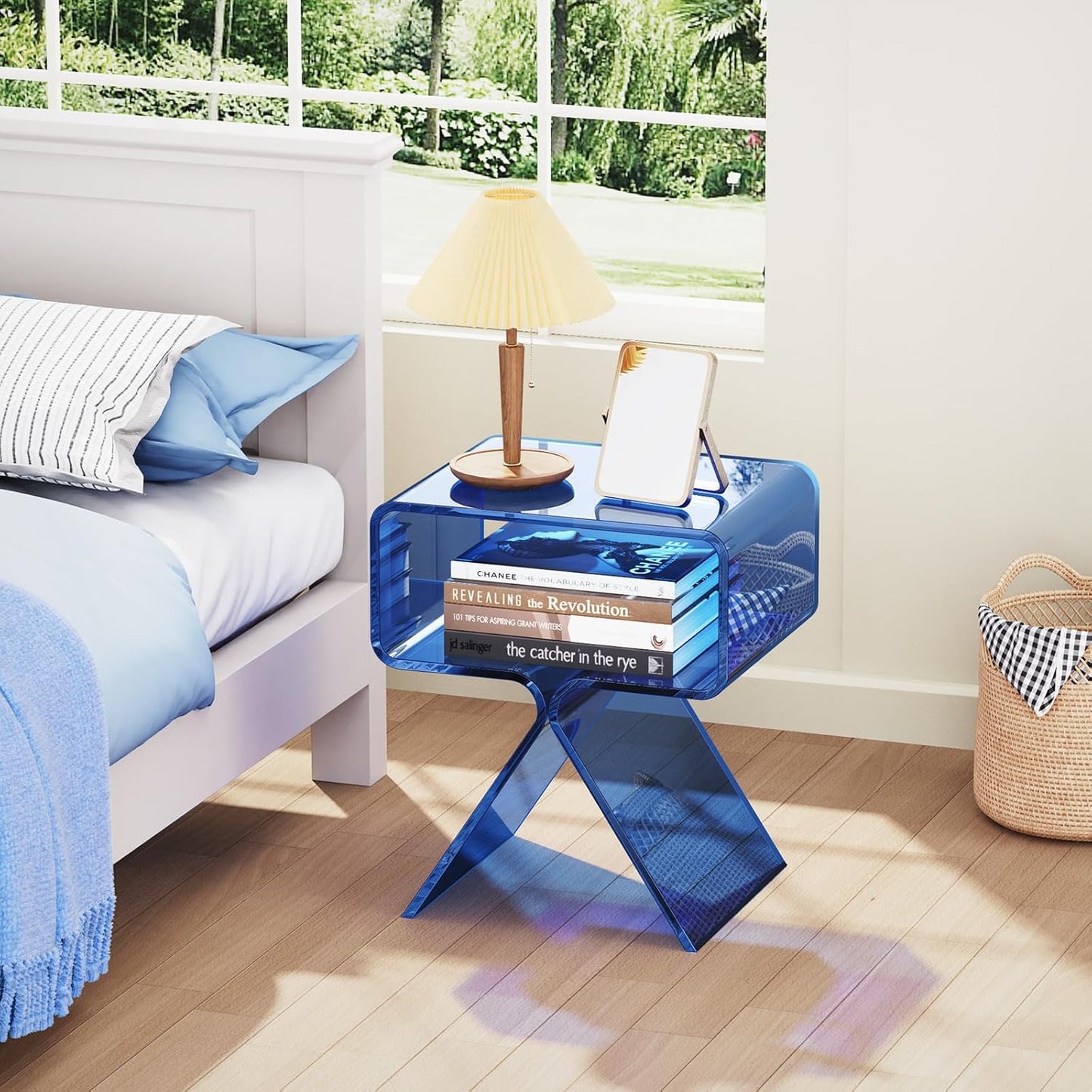 Acrylic Nightstand Side Table Modern Design Clear Home Decor Display End Table for Living Room (Blue)