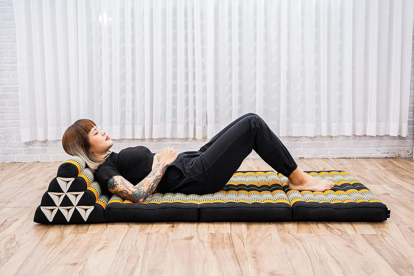 Leewadee Comfortable Japanese Floor Mattress - Thai Floor Bed with Triangle Cushion - Futon Mattress - XL Extra Wide Thai Massage Mat, 67 x 31 inches, Black Orange, Kapok Filling