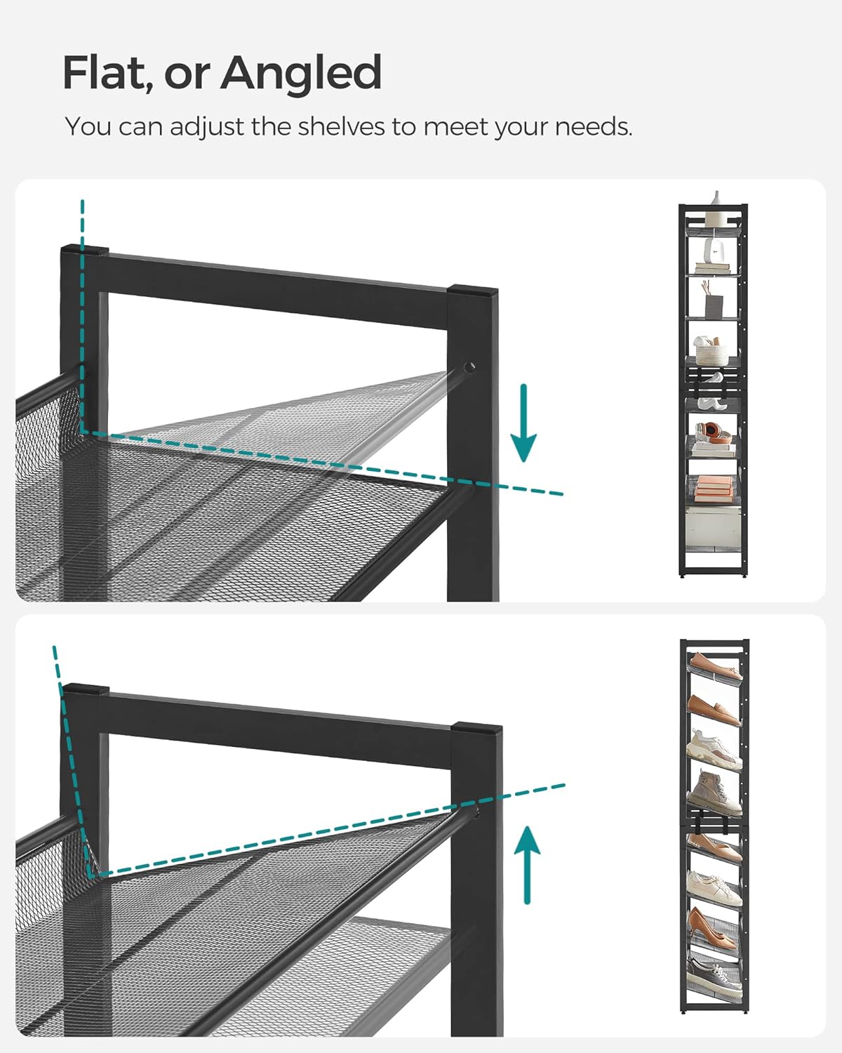 SONGMICS Shoe Rack, 8-Tier Shoe Organizer, Metal Rack for Garage, Set of 2, 4-Tier Stackable Shelf, with Adjustable Flat or Angled Shelves, 32-40 Pairs, Ink Black ULMR08B