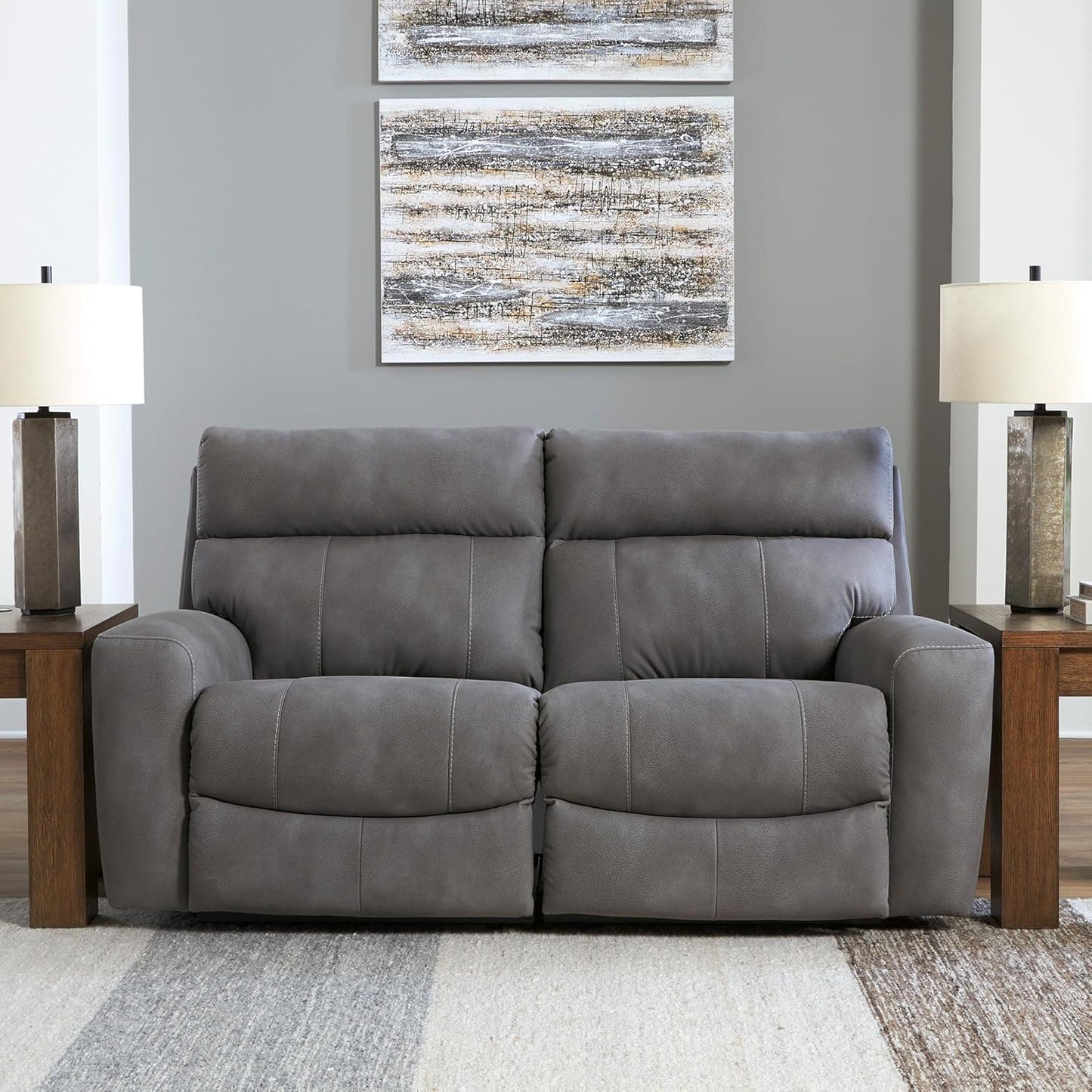 Signature Design by Ashley Next-Gen DuraPella Contemporary Faux Leather Modular Wall Hugger 2-Piece Power Reclining Sectional Loveseat with Adjustable Headrest and USB Ports, Gray