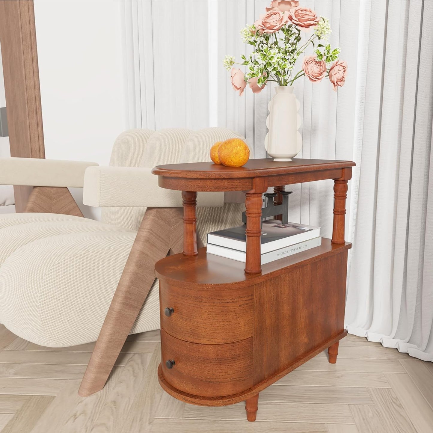 Wood End Table with 2 Drawers and Storage Shelf, Narrow Sofa Side Table for Living Room, Vintage Slim Nightstand Bedside Table for Bedroom, Slim Chair Side Table Cherry Brown BG-A508-MG