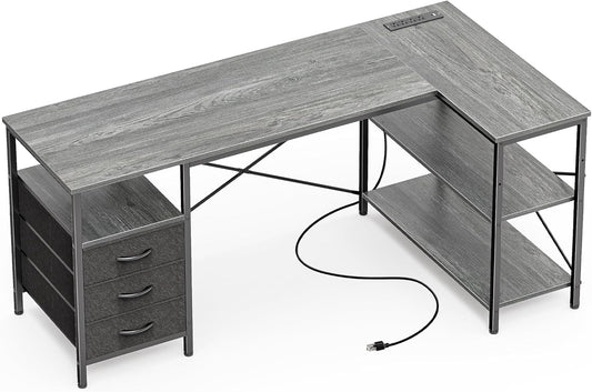 Huuger L Shaped Office Desk with Power Outlets, 55 Inch Computer Desk with 3 Drawers, Shelves, Reverisble for Gaming Corner Work Home Office Study, Grey