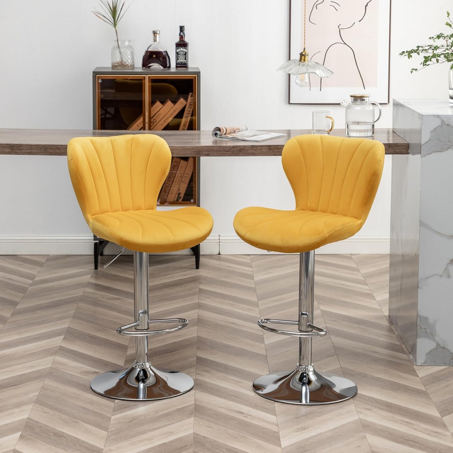 Roundhill Furniture Ellston Velvet Adjustable Swivel Barstools in Yellow, Set of 2