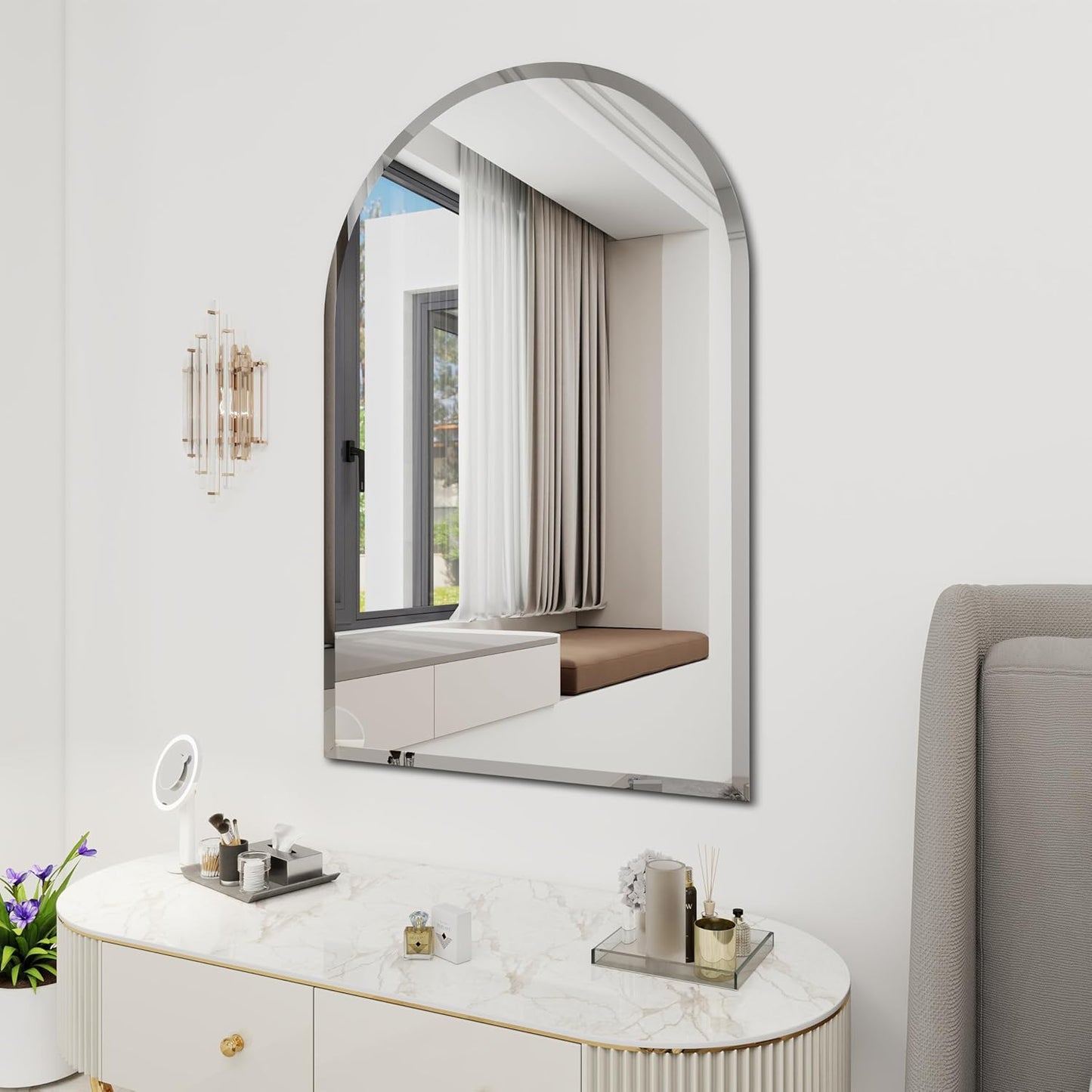 Arched Bathroom Mirror, 26X38 inch Arched Frameless Mirror, Arch Wall Mirror，Frameless Mirrors for Bathroom,Beveled Bathroom Mirror.