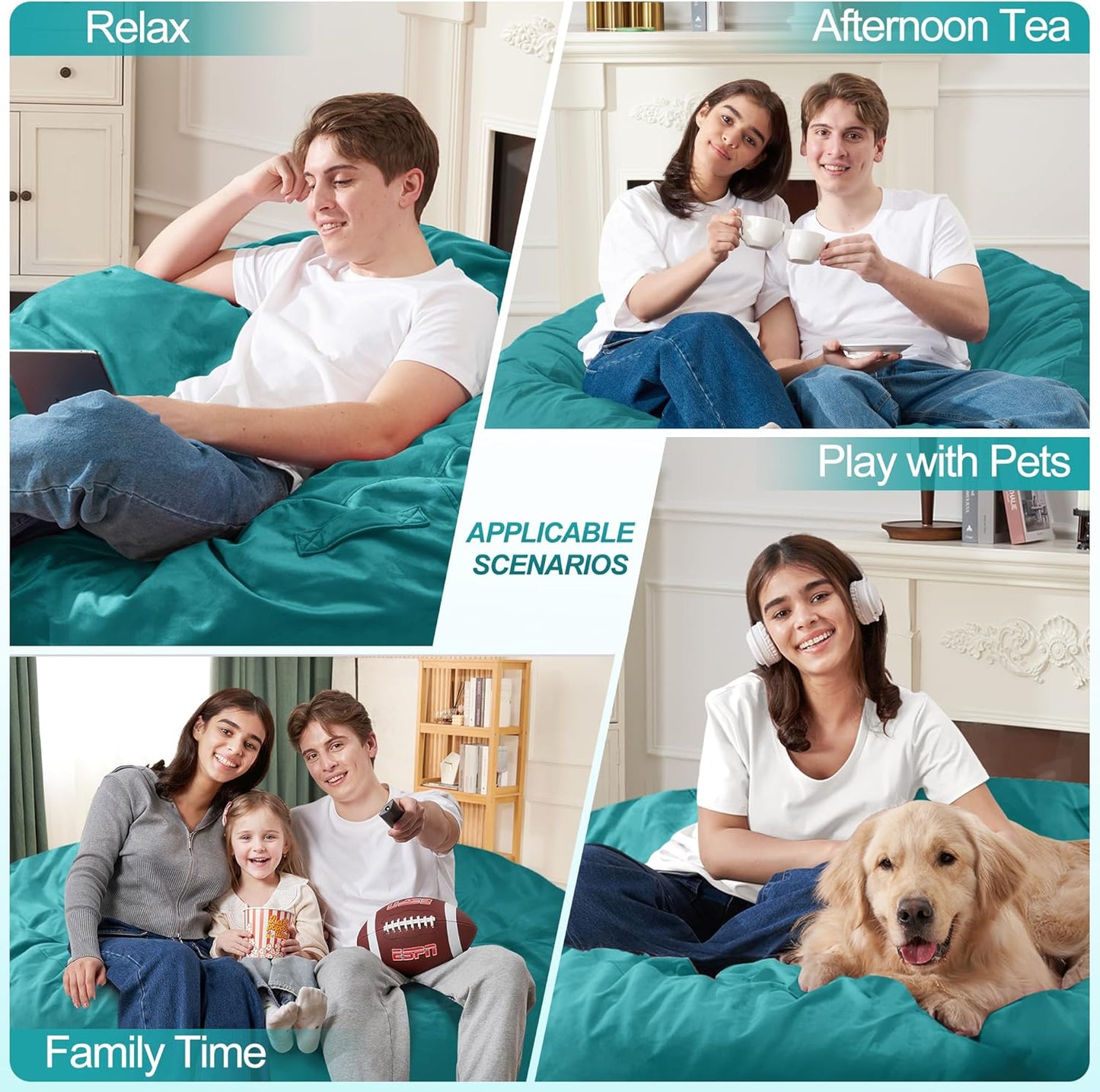 Homguava 5 FT Bean Bag Chair: 5' Bean Bags with Memory Foam Filled, Large Beanbag Chairs Soft Sofa with Dutch Velvet Cover-Sea Blue