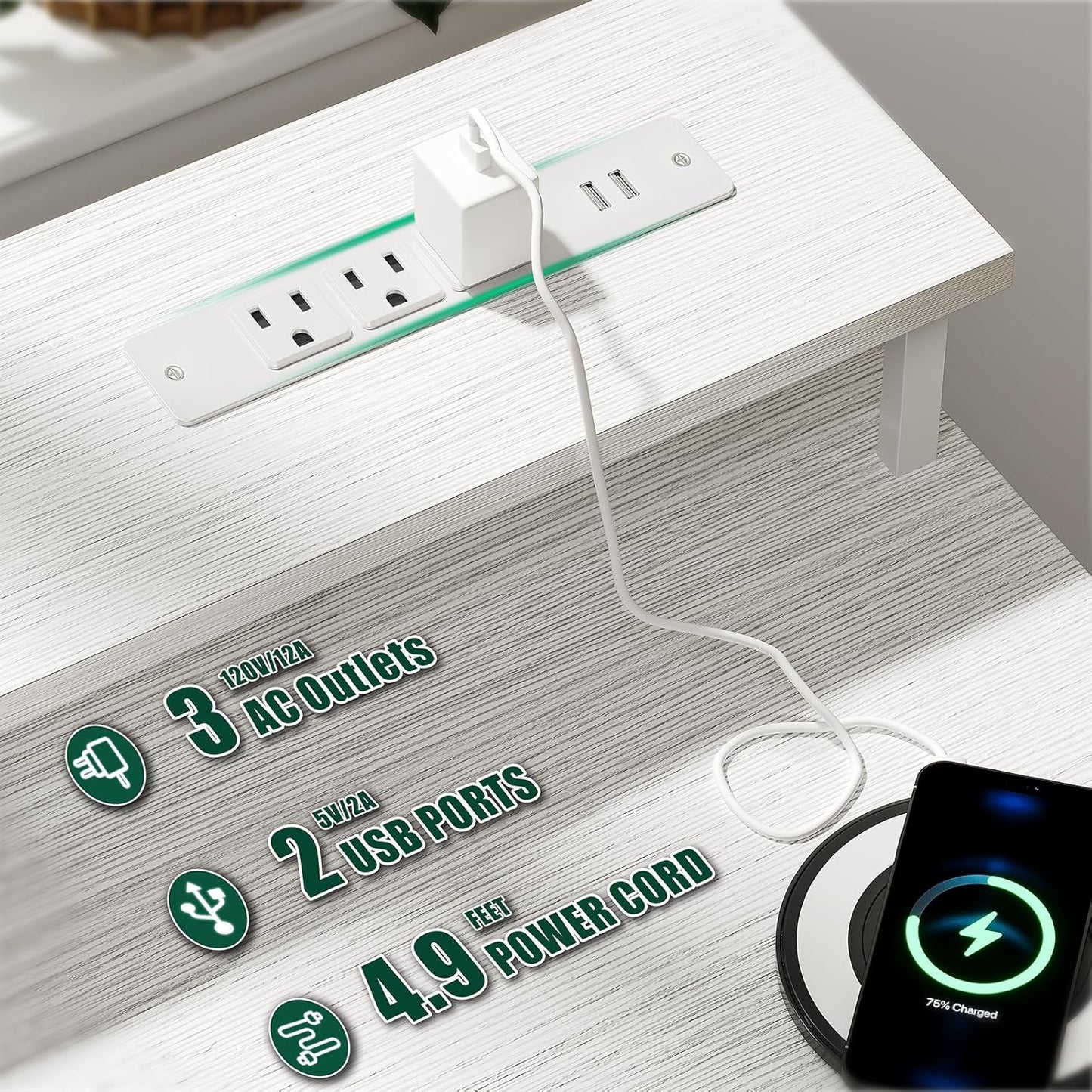 47 Inch Computer Gaming Desk with Power Outlets LED Lights Reversible Home Office with Adjustable Fabric Storage Drawers for Working Writing Study, White