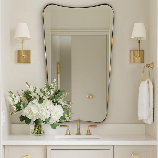 Brushed Gold Bathroom Mirror, 24x40 Inch Gold Irregular Bathroom Vanity Mirror, Gold Asymmetric Mirror with Stainless Steel Frame, Metal Framed Wall Mounted Accent Mirror Vertical Only