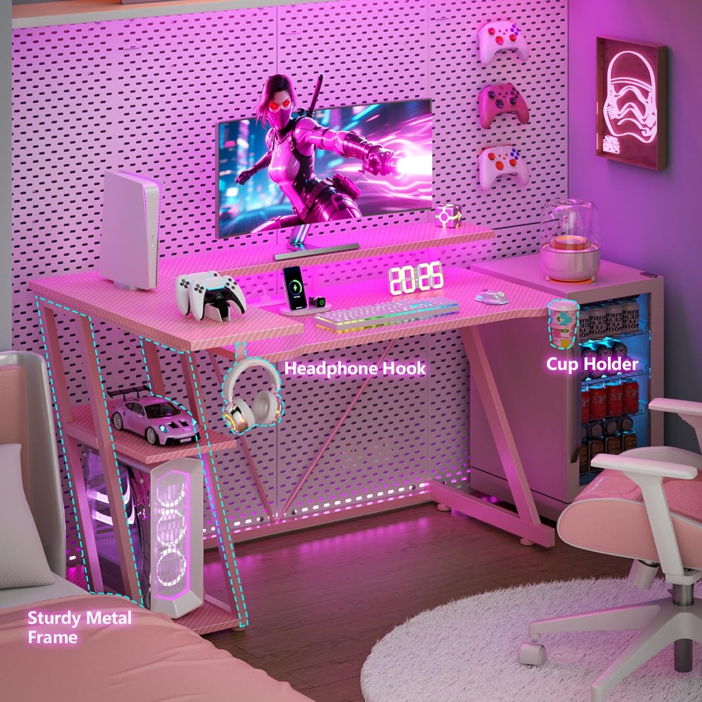 47 Inch Pink Gaming Desk with Power Outlet & LED Lights, Corner Computer Desk with 3 Tiers Storage Shelves, L Shaped Gaming Desk with Monitor Stand for Bedroom