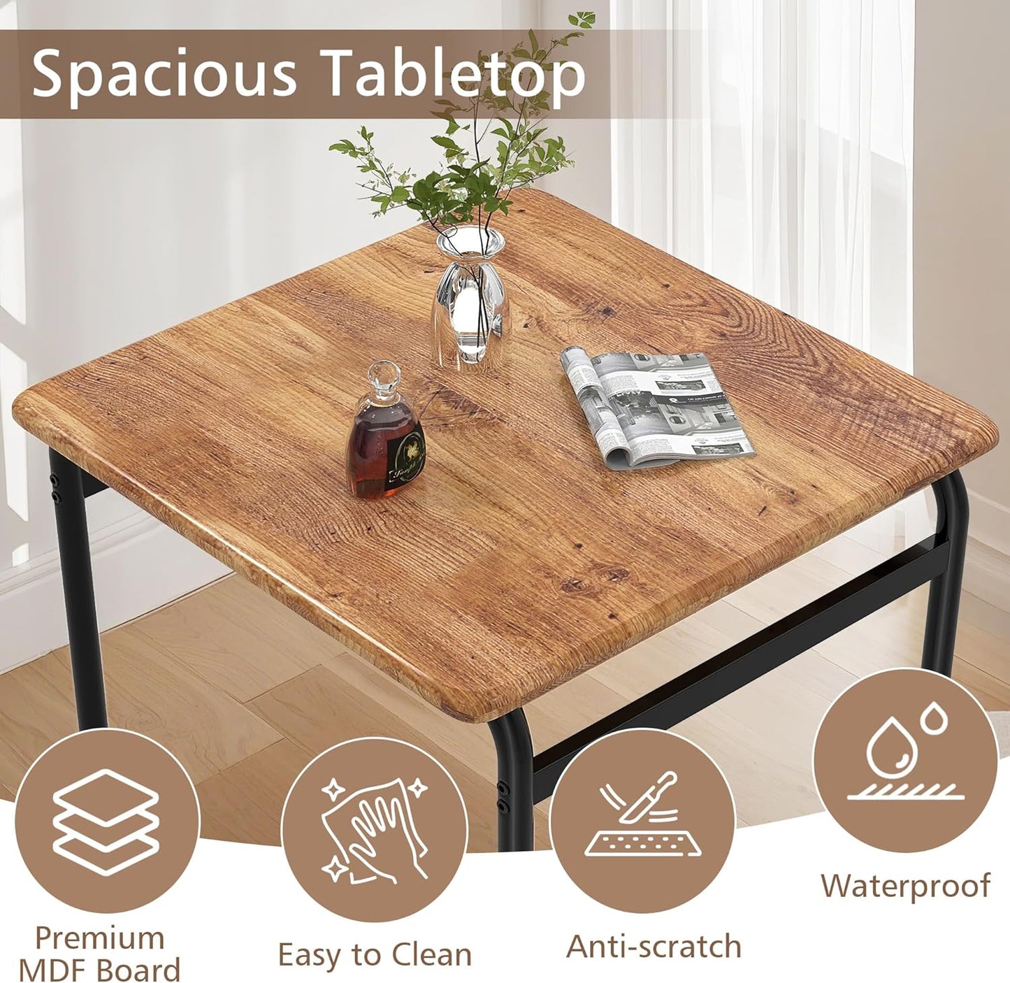 VECELO Dining Table Set for 2, 3-Piece Modern Dinette with Chairs for Small Space, Kitchen, Breakfast Nook, Brown