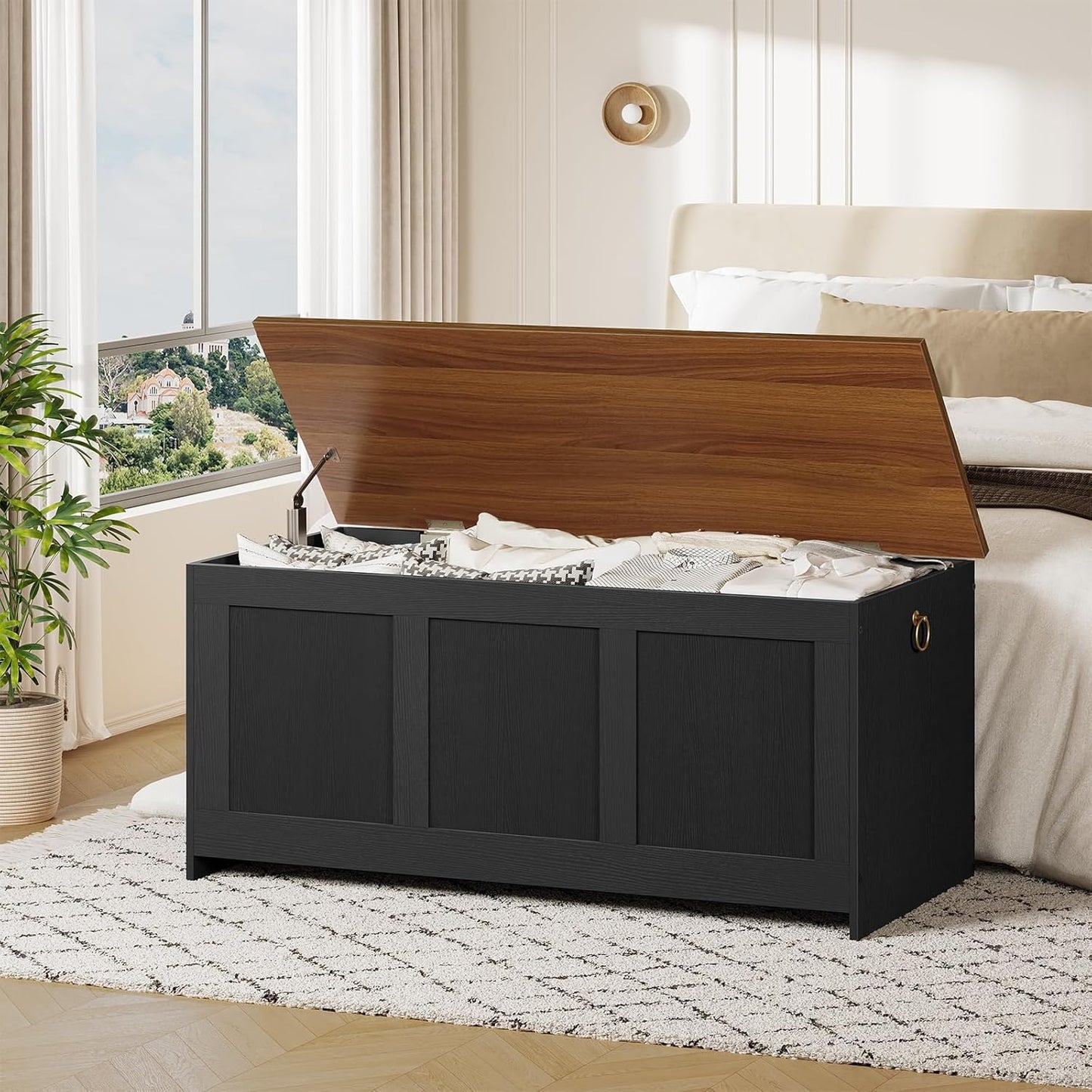 HOOBRO Storage Bench, 43.3" Retro Wooden Storage Chest, Wooden Storage Trunk, Toy Chest with Lift Top, Multifunctional Entryway Organizer, for Entryway, Living Room, Black and Walnut BH411CW01