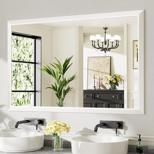 55x36 Inch White Bathroom Mirror for Wall, Thick Metal Framed Rectangle Mirrors for Over Sink, Bedroom, Living Room, Entryway, Anti-Rust, HD Tempered Glass