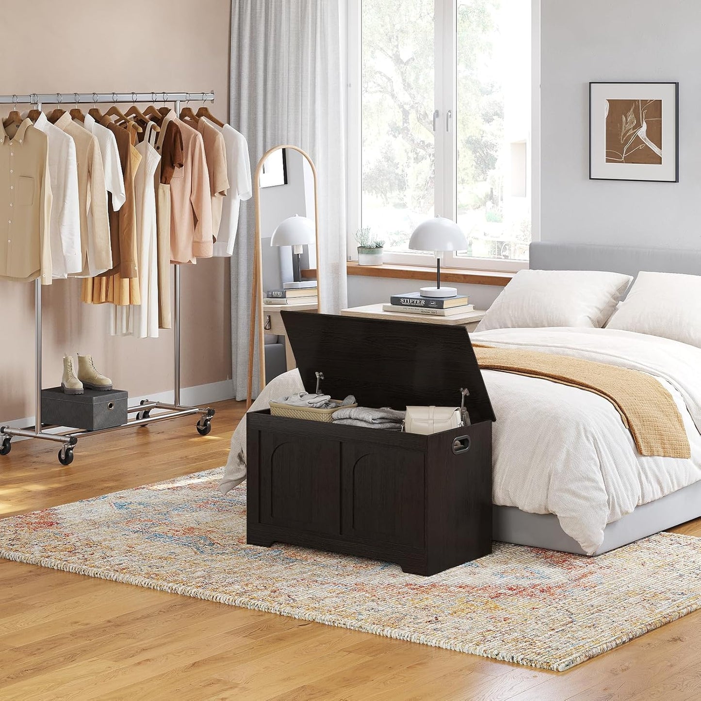 DINZI LVJ Storage Chest, 31.5”Wooden Toy Box with 2 Safety Hinges, Entryway Storage Bench with Flip-Top, Sturdy Storage Trunk for Living Room, Bedroom, Easy Assembly, Espresso